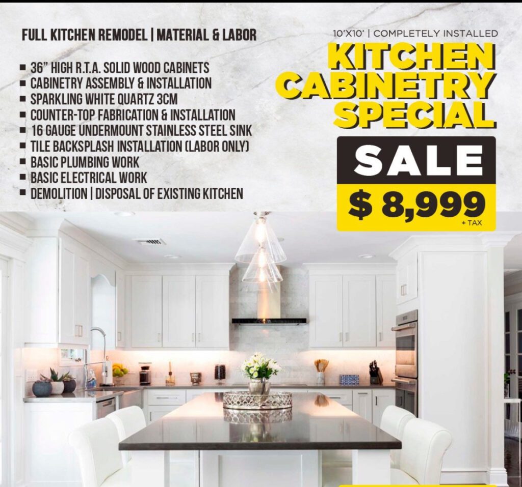 A kitchen with white cabinets and black countertops.